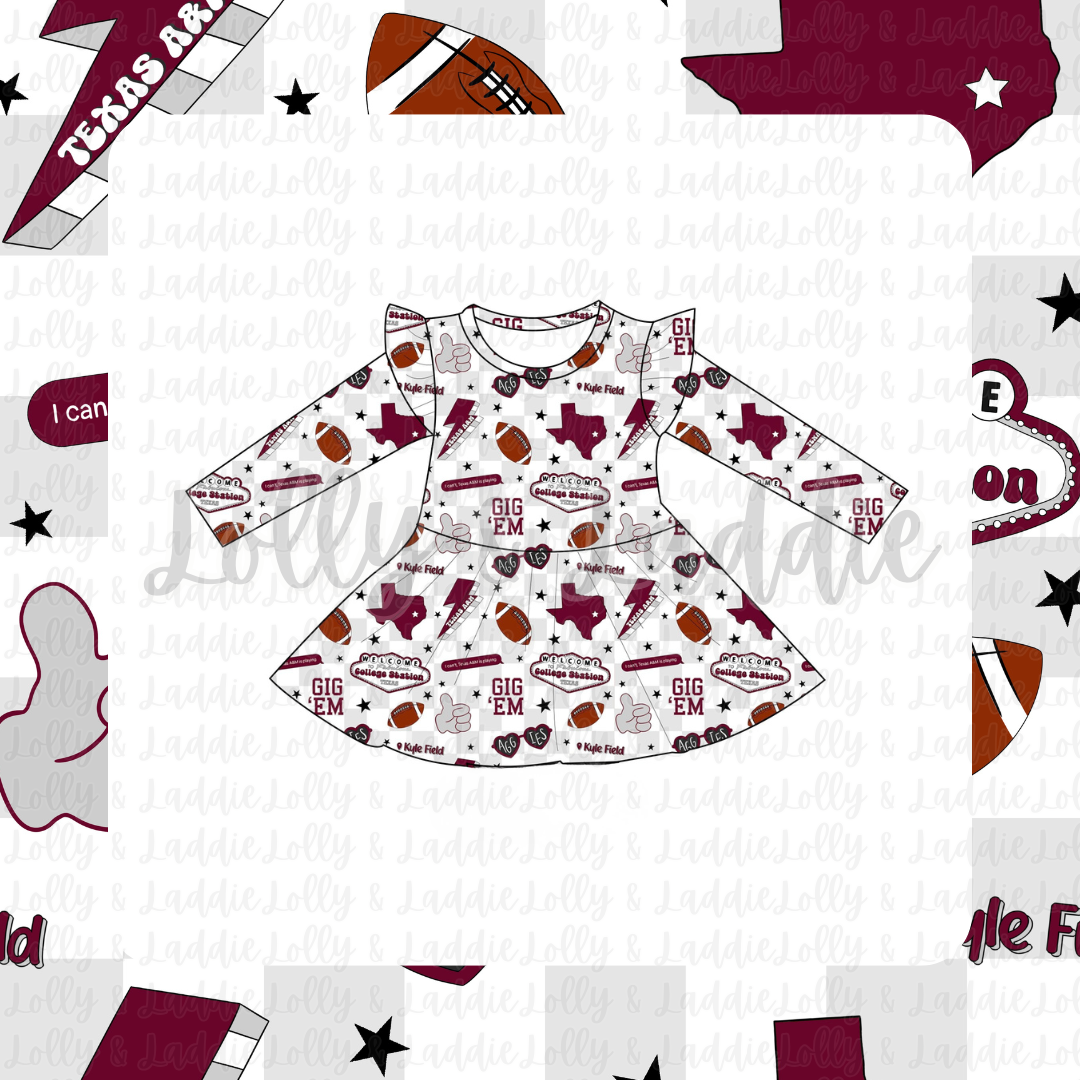 Midnight In College Station - Long Sleeve Twirl Dress (READY-TO-SHIP)