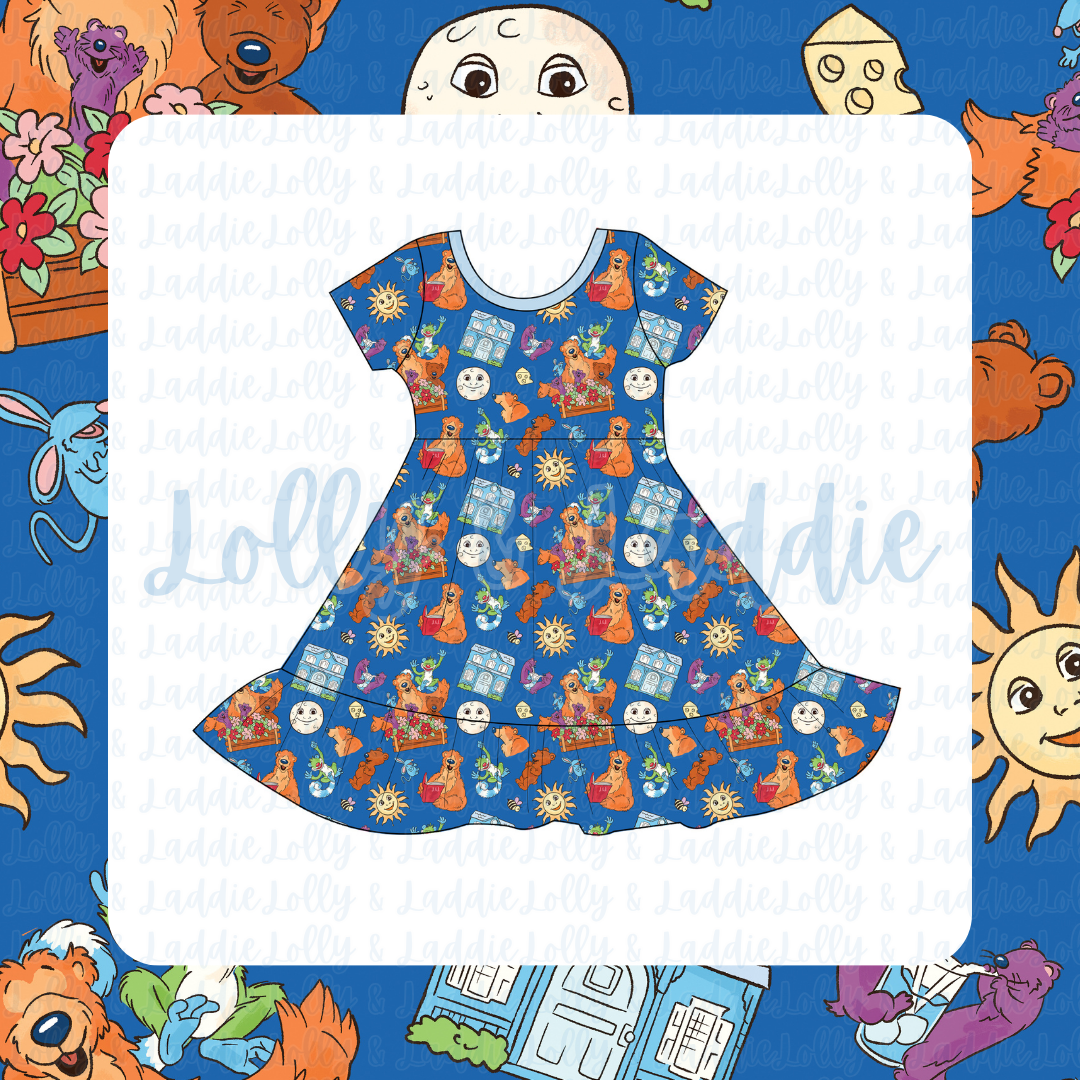 Blue House Hugs - Short Sleeve Twirl Dress (PRE-ORDER)