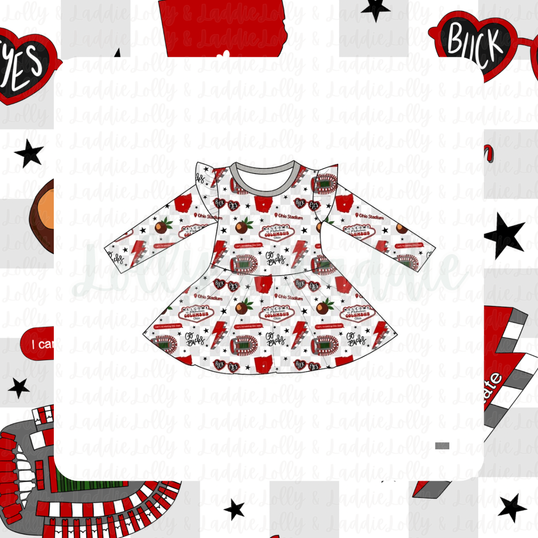 Go Bucks! - Long Sleeve Twirl Dress (READY-TO-SHIP)